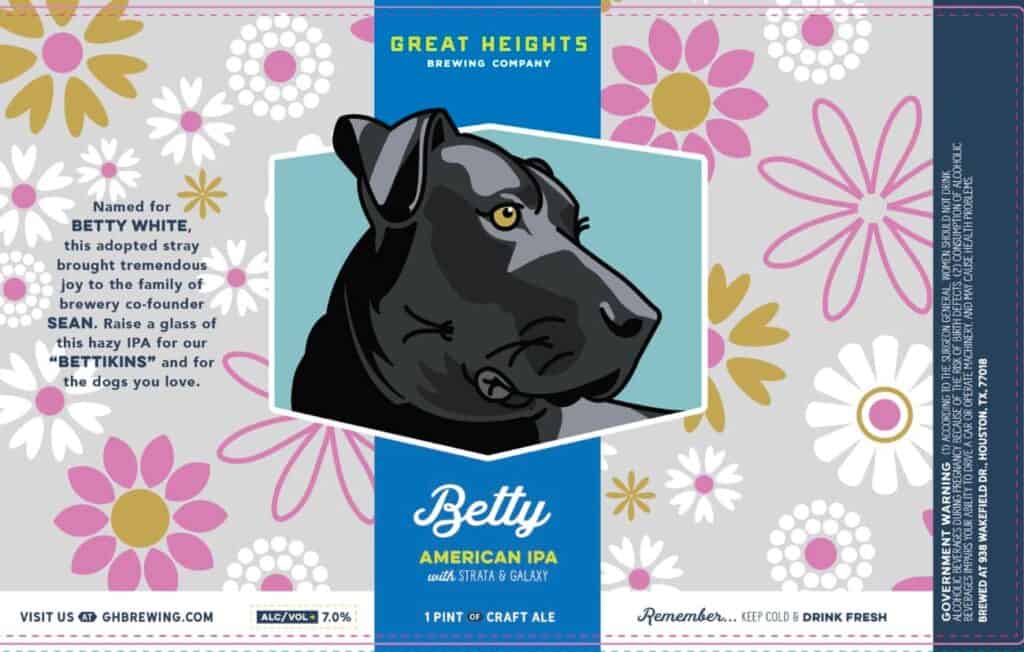 Great Heights Brewing Company beer can label for Betty IPA showing a black pit bull dog.